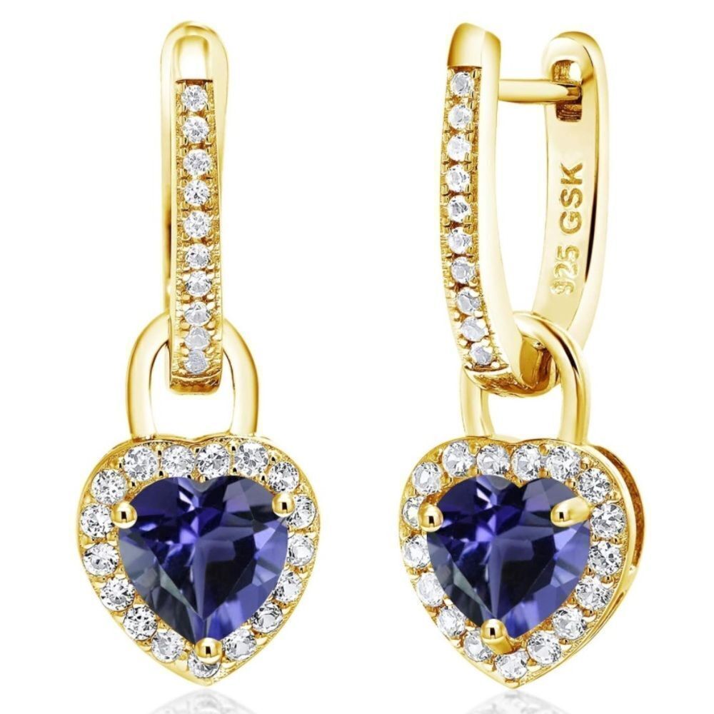 18K Yellow Gold 925 with 1.66 Cttw Blue Iolite and White Sapphire Heart Earrings